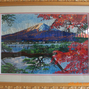 高档电脑精绣名画*苏绣刺绣 乱针绣装饰画 富士山38x56-55x65