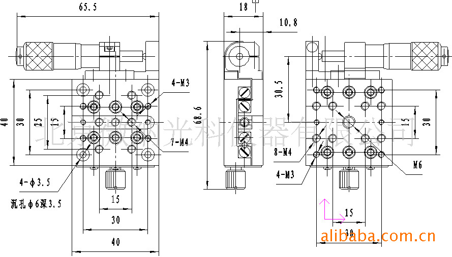 型号WN102TM13H特点: oplus不锈钢材质精密加工 oplus采用进口高精度交叉滚柱导轨,精度更高,承载较大,寿命长 oplus高精度基座和台面,保证台子的直线度,偏摆,俯仰,运动平行度 oplus位移调整采用测微头或差动测微头驱动 oplus高精度小分辨率测微头保证产品在纳米级的微位移调整 oplus测微头在平移台侧向放置,结构更加紧凑 oplus采用弹簧复位,消除轴向间隙 oplus台面和底座分布标准孔距的安装孔,方便安装和组合 oplus可与其它系列位移台组成多维调整架 oplus可加装光