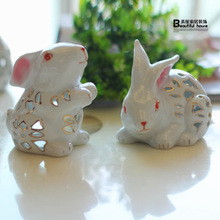 美式陶瓷情侣镂空玉兔摆件 动物摆件陶瓷工艺品 可做烛台 BJ049