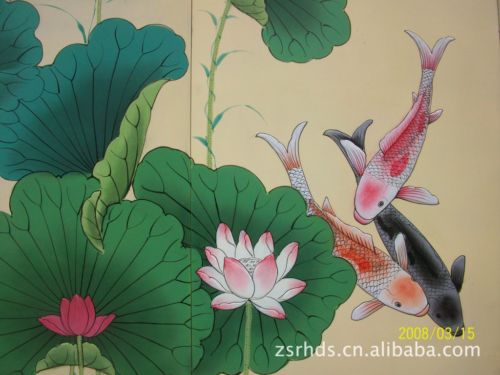 厂家生产中式手绘漆艺(九鱼图)鲤鱼荷花图 酒店