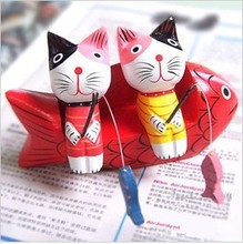 zakka杂货  动物木制摆件 情侣猫 钓鱼猫  小号 两件套 热销