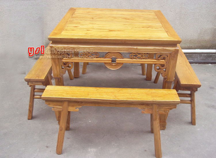 仿古 明清古典 中式 榆木 全实木五件套八仙桌 长条凳 茶道桌