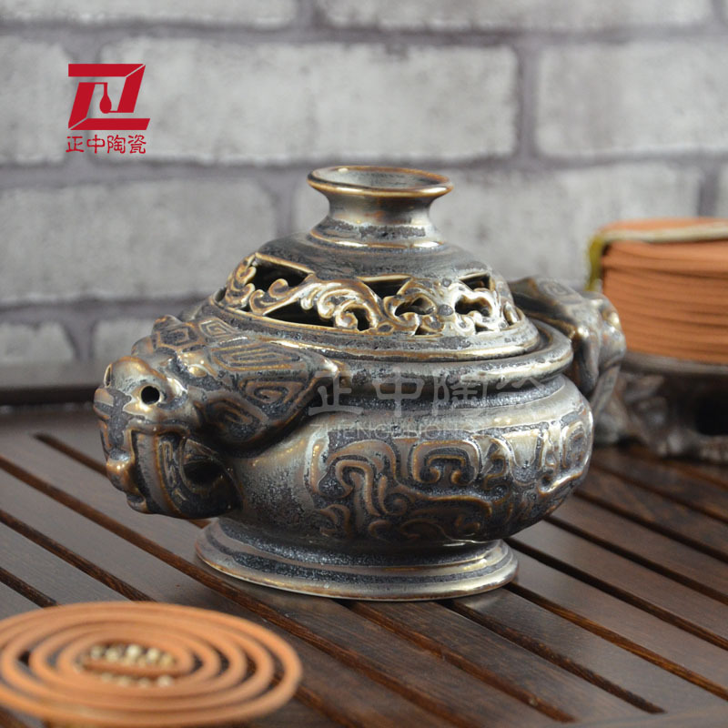 沙金铁锈釉 陶瓷香炉 熏香炉 精品紫砂香炉 饕餮纹龙耳香炉