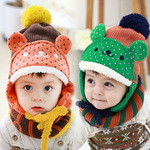 秋冬款韩国儿童帽子批发 宝宝帽子加绒童帽 针织小围脖 小熊套装