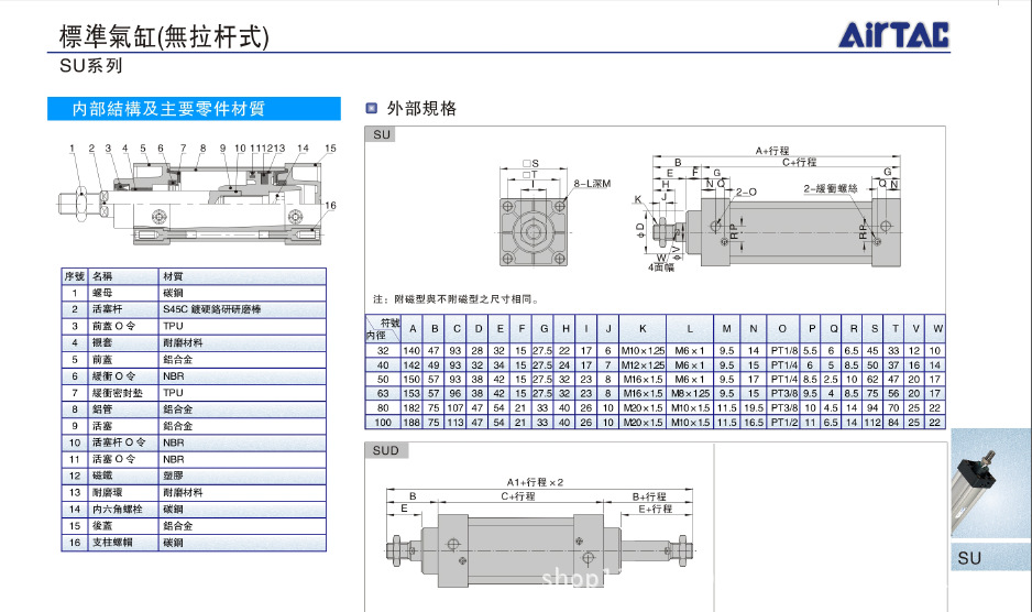 airtac/亚德客su63x100系列铝合金标准气缸