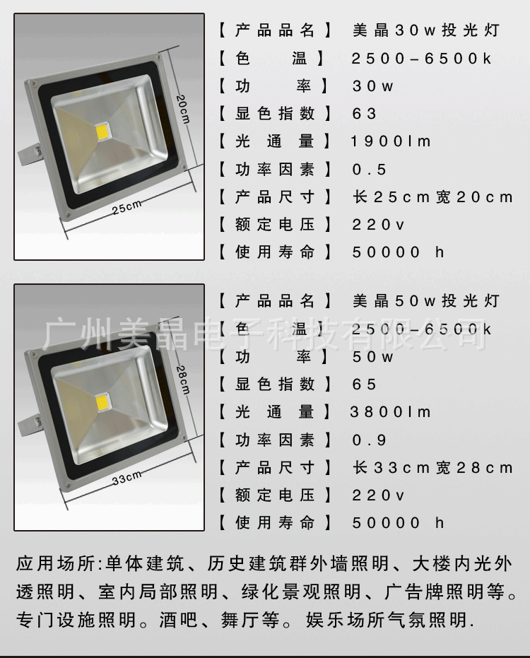 COB大功率LED投光灯适用于广告牌的灯光照明