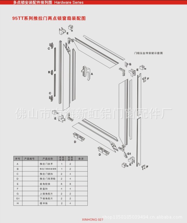 新虹 多点锁安装配件图 95tt系列推拉门两点锁窗扇转配图