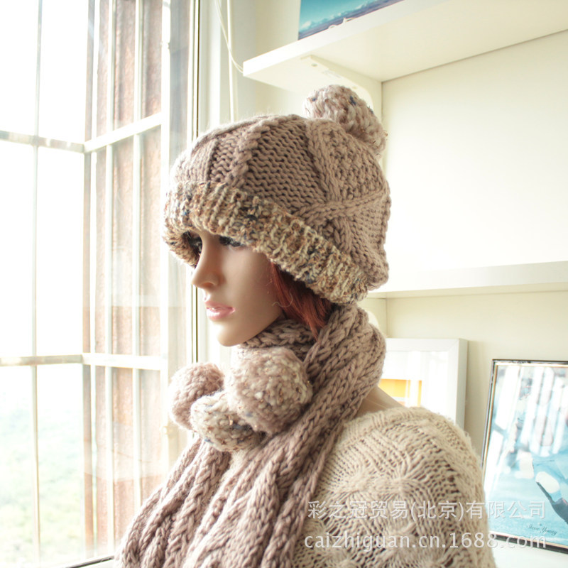 【新款女式帽子 冬季保暖纯毛手工编织帽子围
