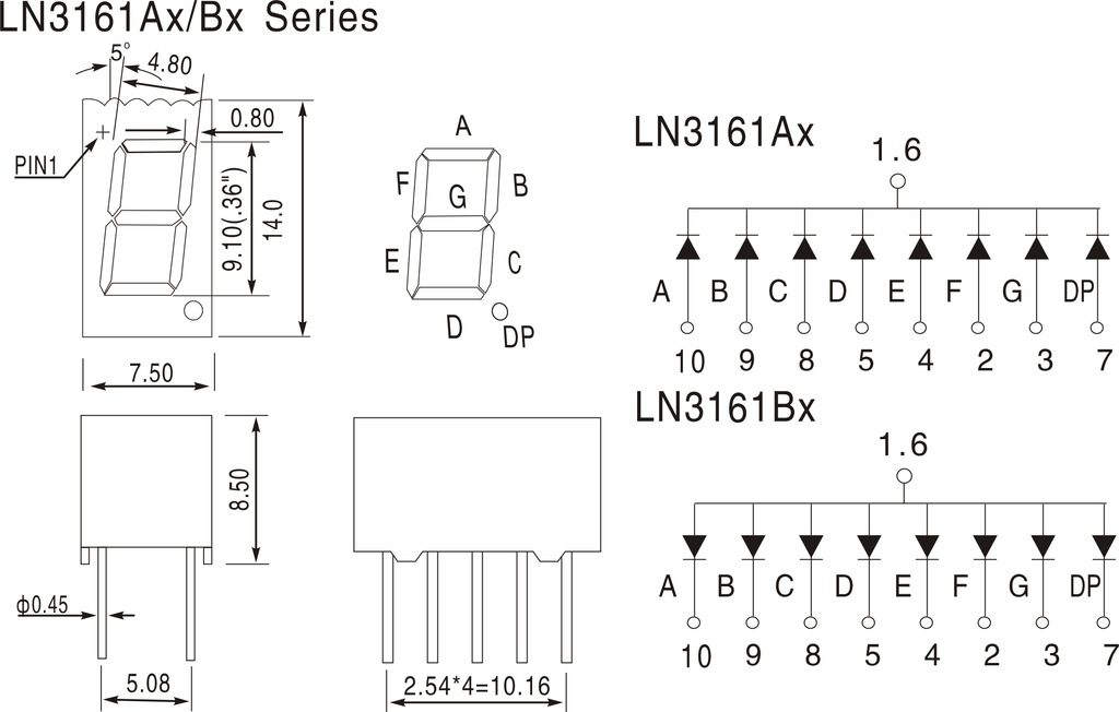 0.36英寸单位共阴红色数码管 ln3161as1b