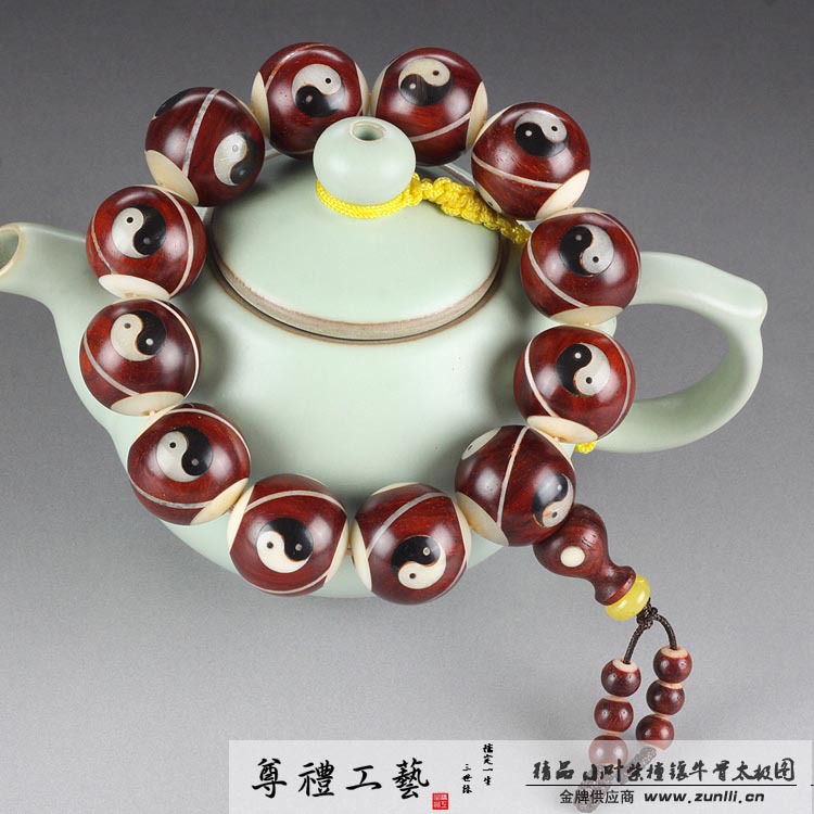 带图纸椒盐金星镶牛骨小叶紫檀创意太极图佛腿三星狮佛珠精品图片