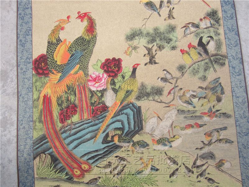 厂家供应 高档中堂花鸟画 客厅装饰画 百鸟朝凤图 装裱字画