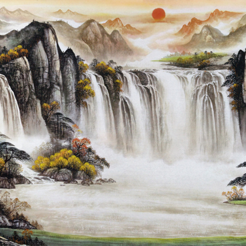 高仿印刷聚宝盆山水画 中国墨山水画 高仿山水画作品 山水画批发