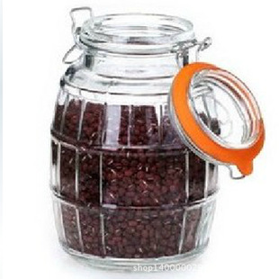 无铅玻璃钢卡方格纹锣鼓形厨房储物罐防潮加厚玻璃密封罐8.5斤装