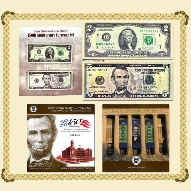 2美元5美元同号钞美国雕刻印刷局150周年