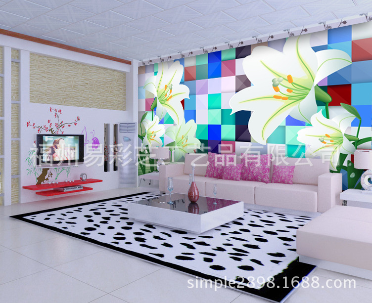 彩色方格拼图客厅背景墙时尚简约花卉风格壁画a0023