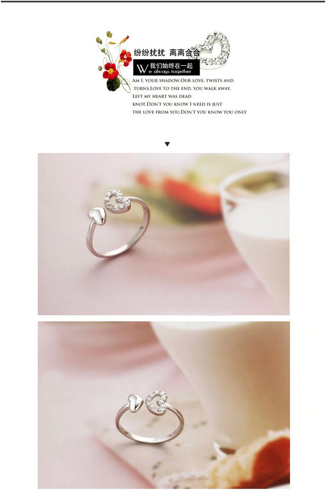 韩国新饰品正品S925纯银女款指环镂空爱双爱心开口戒指