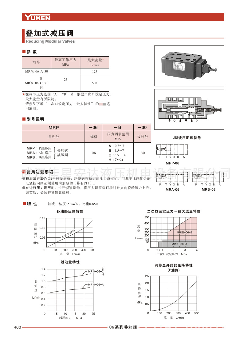 【榆次油研】yuken液压阀 叠加式减压阀mra-06-h-10