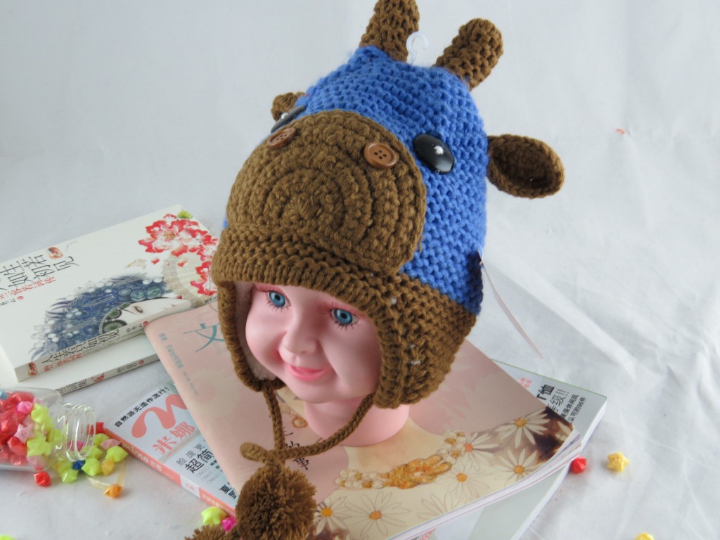 2014新款冬款 晶冠 手工牛头帽子可爱造型宝宝帽子儿童护耳帽批发