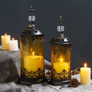 摩洛哥欧式复古古铜烛台 餐桌摆件 铁艺玻璃金色落地风灯 A6