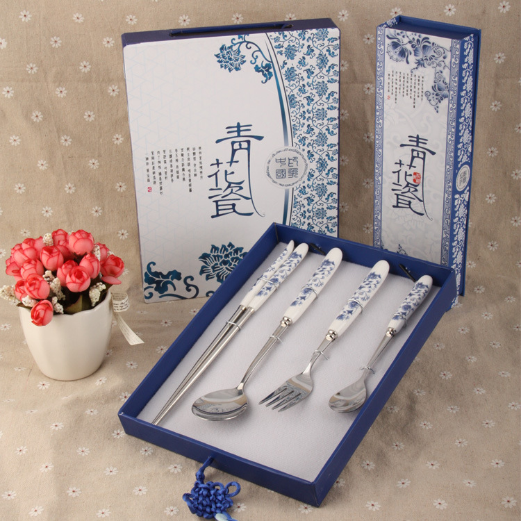 廠傢直銷不銹鋼 青花瓷餐具套裝刀叉勺筷子四件套二件套工廠,批發,進口,代購
