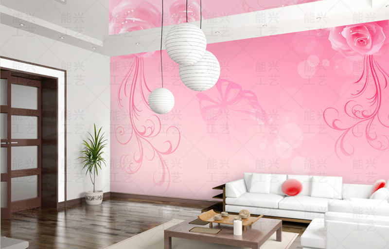 【粉红花纹大型壁画 3D立体电视背景墙纸 客厅