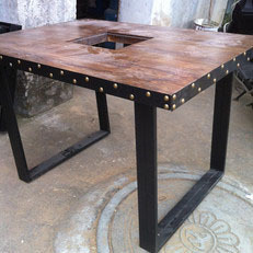 欧式风格法宇铁艺家居 复古做旧实木铁皮火锅餐桌 可来图来样定做
