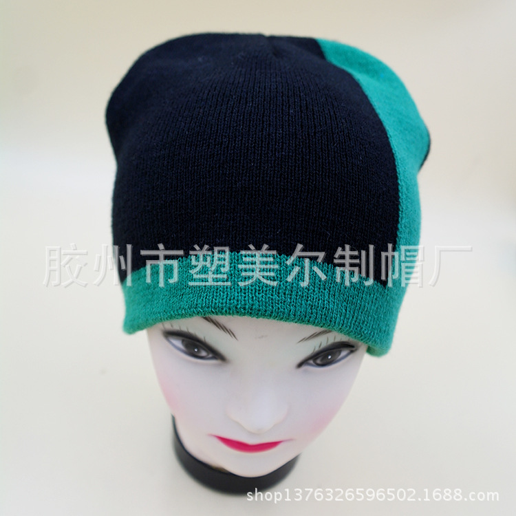 【供应 套头针织拼接两色帽子 冬季保暖毛线帽