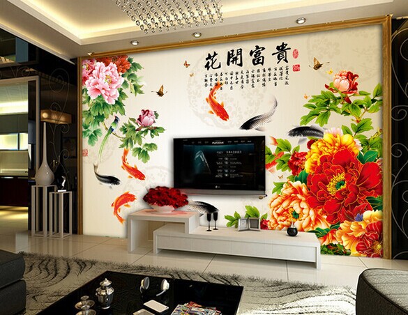 中式无缝壁画 花开富贵九鱼图大型影视墙 客厅沙发电视背景墙纸