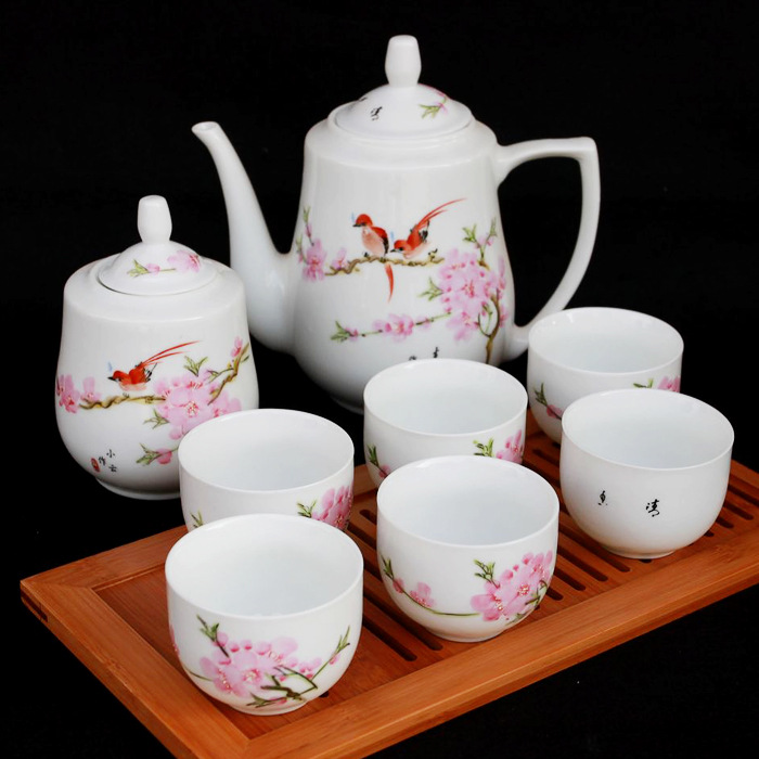 景德镇陶瓷 茶具套装 高档8头茶具 7501水点桃花