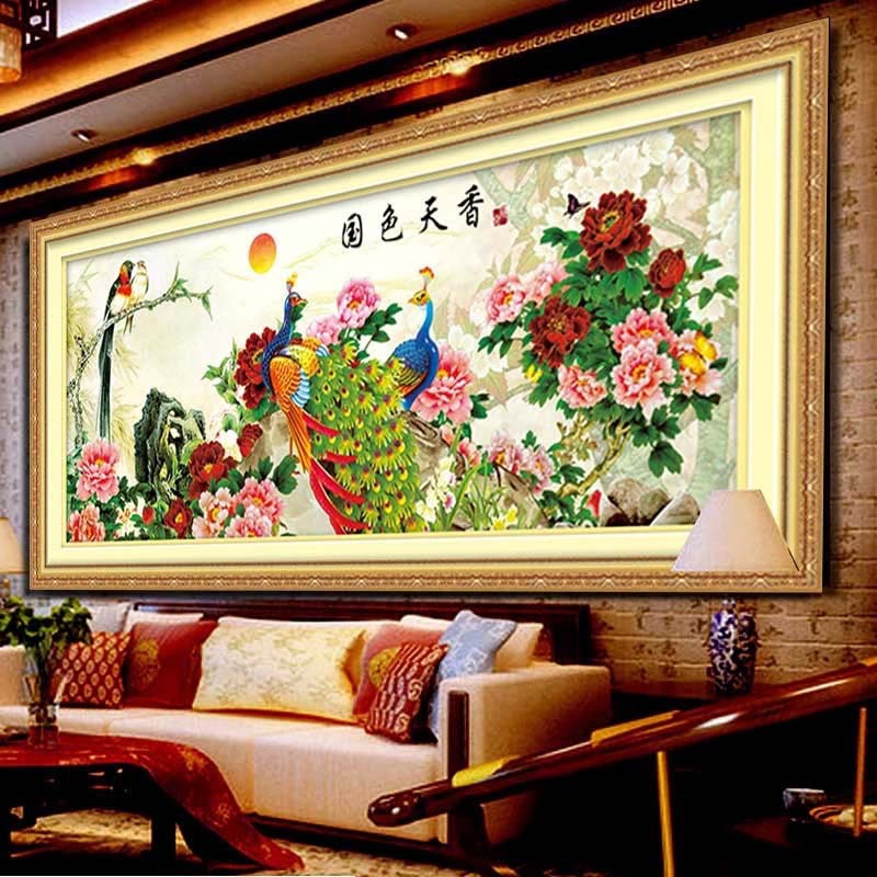 牡丹十字绣图案大全牡丹孔雀国色天姿孔雀十字绣最新款客厅工艺