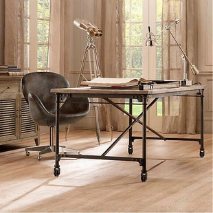 欣园 复古做旧书房实木电脑书桌 带滚轮移动铁艺会议办公桌工作台