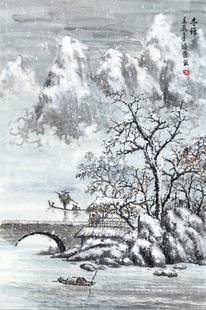 中国画冬雪景渔船水墨山水大写意书法字画心装饰画无框画d163