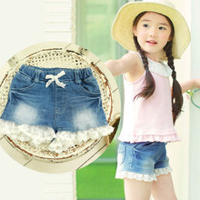 Mới 2019 cô gái denim quần short ren kèn Hàn Quốc quần trẻ em mùa hè quần short denim trẻ em bán buôn Quần jean