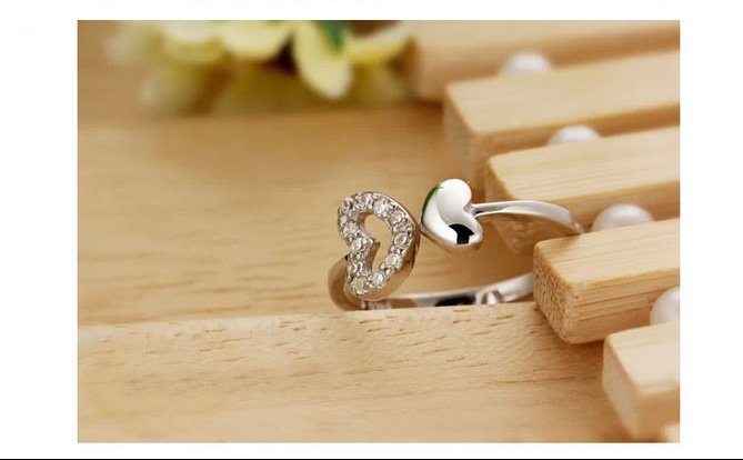 韩国新饰品正品S925纯银女款指环镂空爱双爱心开口戒指