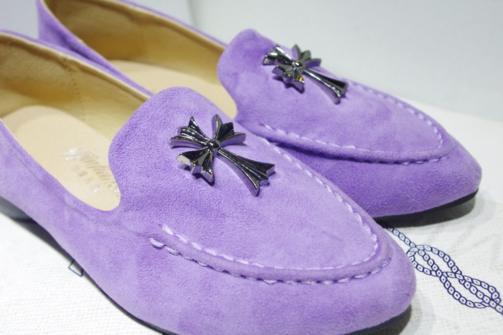 日系潮爆新款 紫色 香芋色克罗心女单鞋 圆头绒面十字架低跟.