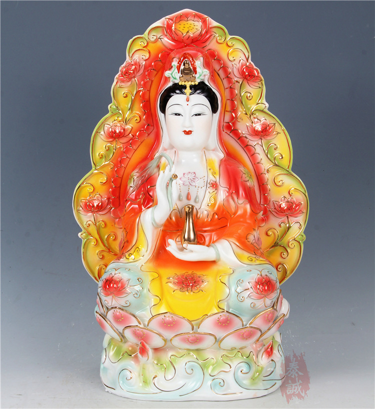 珐琅彩精品九莲佛光坐观音 陶瓷工艺品 观音佛教用品摆件 tc-f58