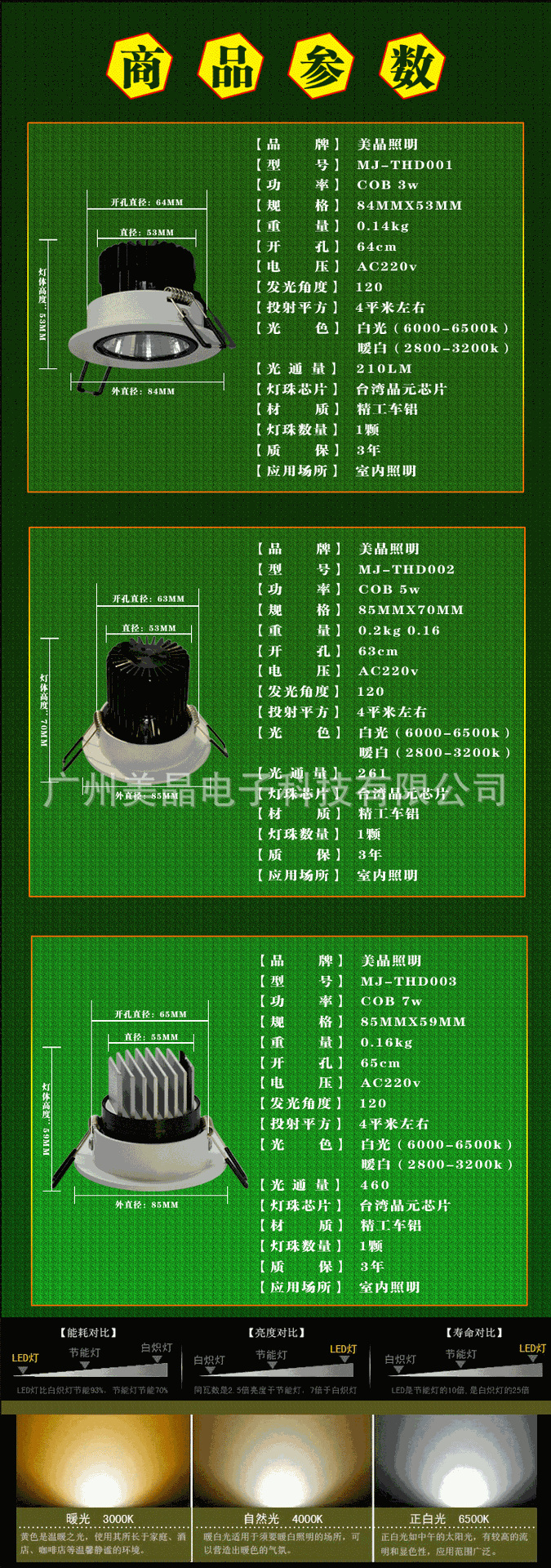 LED天花灯COB筒灯3W 5W 7WCOB筒灯参数