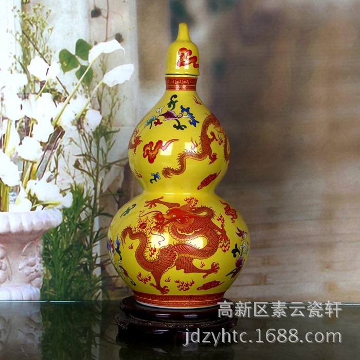 【景德镇瓷器平面5斤装北京红金龙陶瓷葫芦酒中国酒瓶设计师工作室图片