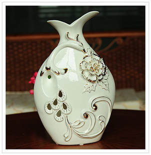 景德镇陶瓷孔雀牡丹花瓶摆件 流行潮流简约白色 家居装饰插花