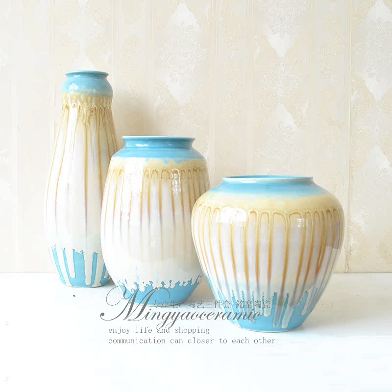 【供应创意窑变釉陶瓷花瓶三件套 天蓝色流釉
