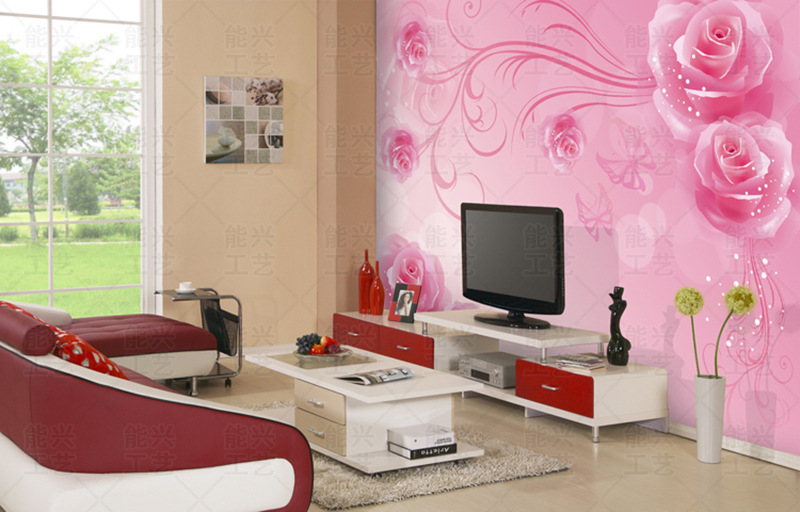 【粉红花纹大型壁画 3D立体电视背景墙纸 客厅