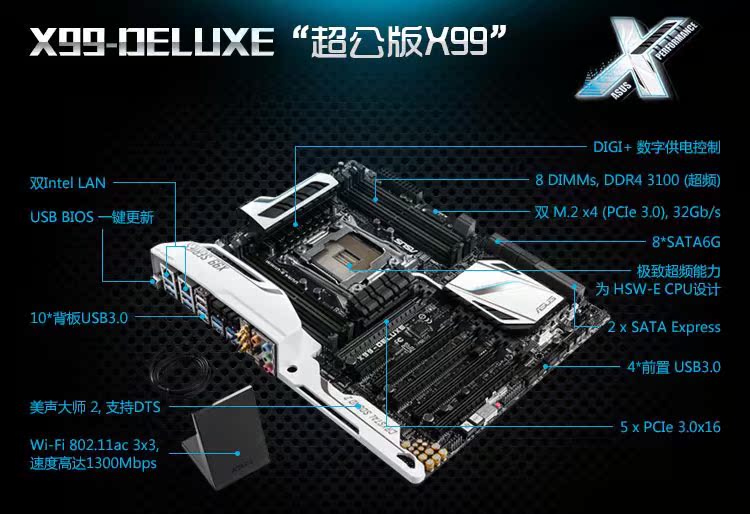 asus/华硕 x99-deluxe intel台电脑主板大板 lga2011-3 支持5930k