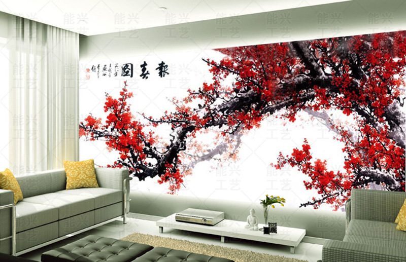 中式大型壁纸壁画山水风景梅花 客厅沙发电视背景墙壁纸个性定制