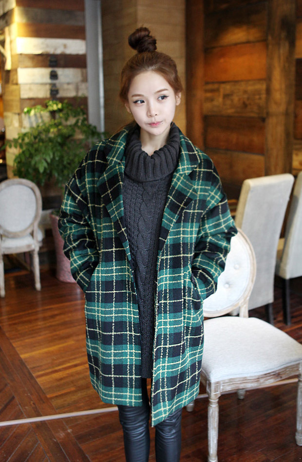 2014新款韩版中长款羊毛呢大衣绿红格子外套 1855图片_3