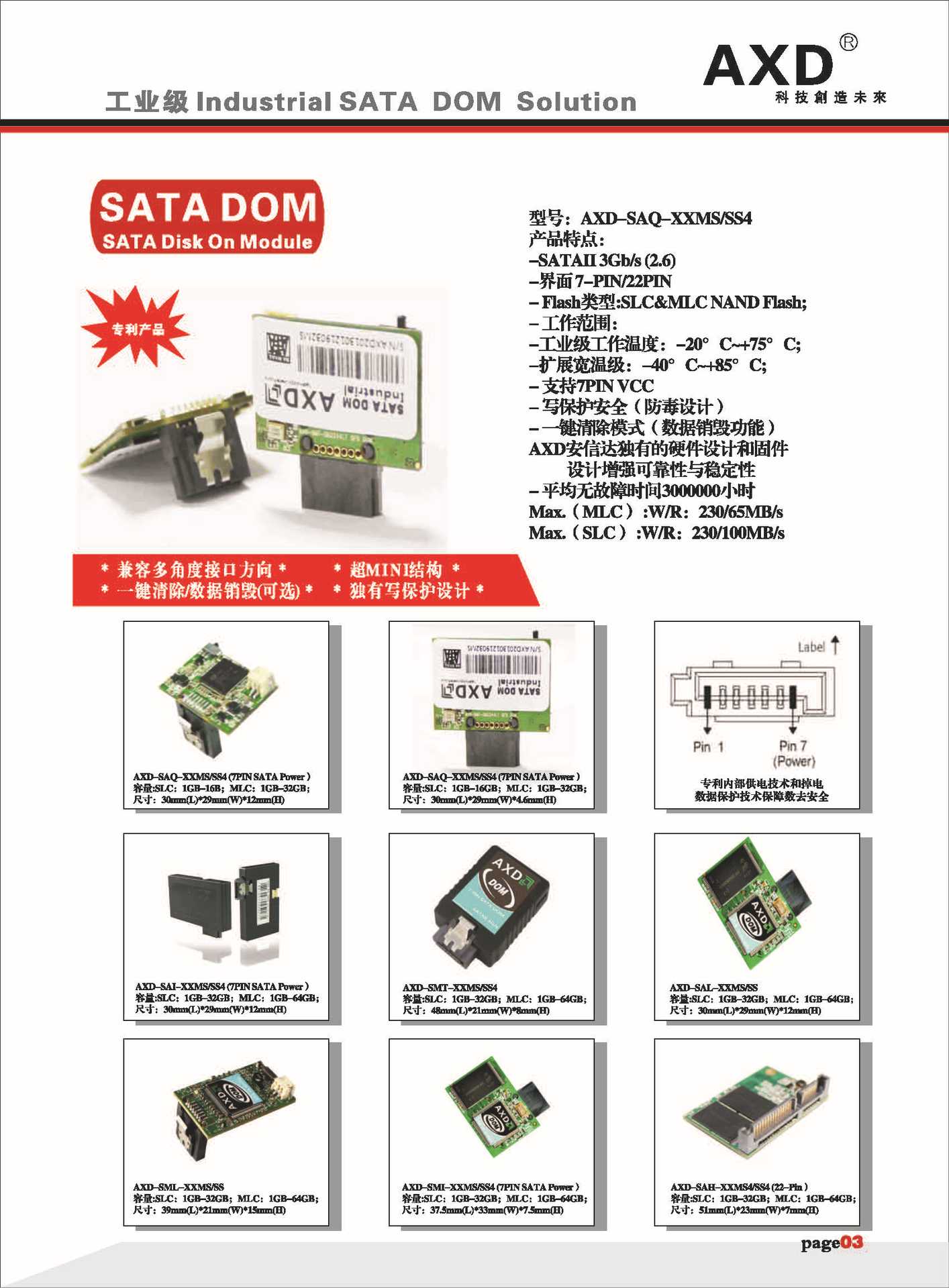 AXDSSD全球最小7PIN 直接供电SATA电子盘AXD-SAQ （MLC系列） SATA DOM电子盘,7-pin供电电子硬盘,7-pin SATA DOM电子硬盘,工业级SATA DOM电子硬盘,DOM电子硬盘