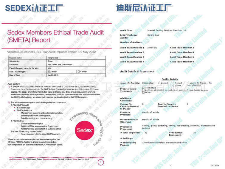 迪斯尼、SEDEX认证证书