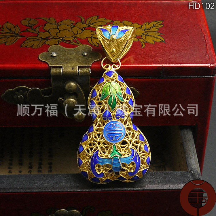 花丝镶嵌 烧蓝珐琅葫芦 手工艺品 s925纯银镀金饰品女吊坠 批发