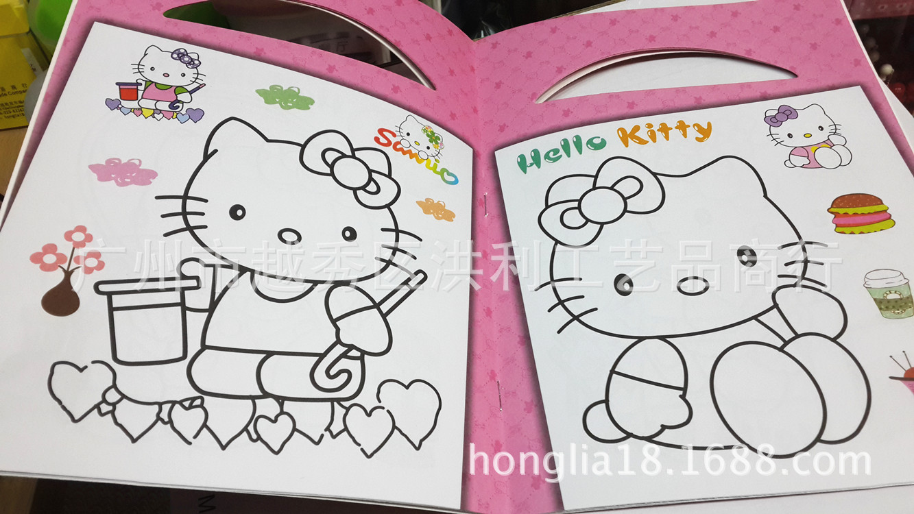 hellokitty卡通手提填色本 kt猫填色本带贴纸凯蒂猫儿童益智画