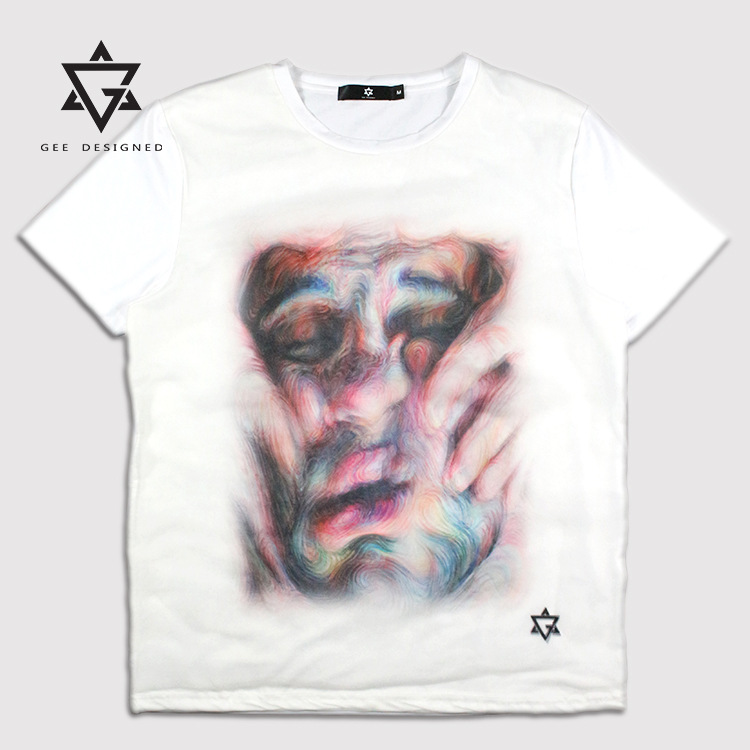 自主潮牌gee吉2015春夏新款扭曲3d人脸拼贴网纱t恤短袖t shirt图片
