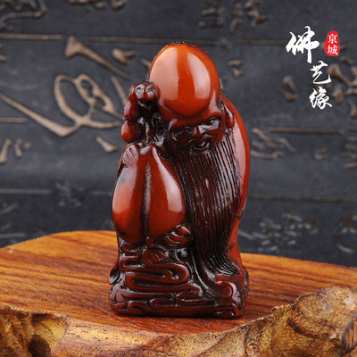天然红水牛角手把件 雕刻寿星老 仿古老物件 复古 做旧 古玩杂项